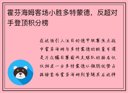 霍芬海姆客场小胜多特蒙德，反超对手登顶积分榜